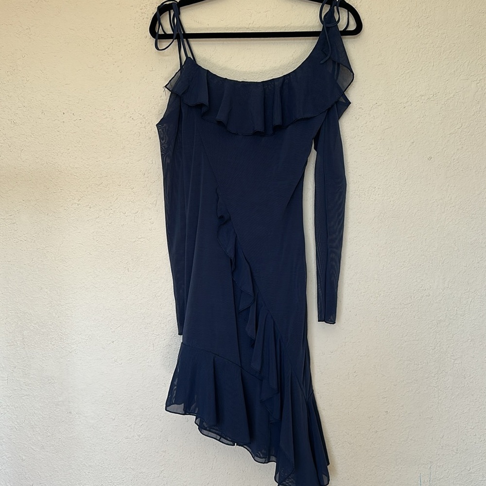 House of CB Kiki French Navy Ruffle Mini Dress Blue XS Tall Asymmetrical Mesh - Picture 10 of 10